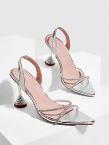 CUCCOO SZL Women's Summer Rhinestone Ankle Strap Criss-Cross Pointed Toe Flared Heel Rhinestone Heel High Heel Sexy Chic White PU Splice Transparent PVC Lady High Heel Sandals For Nightclub, Date, Music Festival, Fashion Party - Silver - View 2