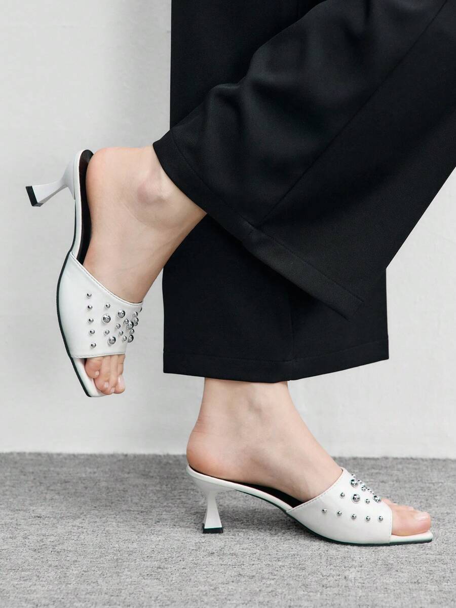 CUCCOO BIZCHIC Women's Studded Square Toe Heeled Mules Slip On Dress Sandals - White - View 1