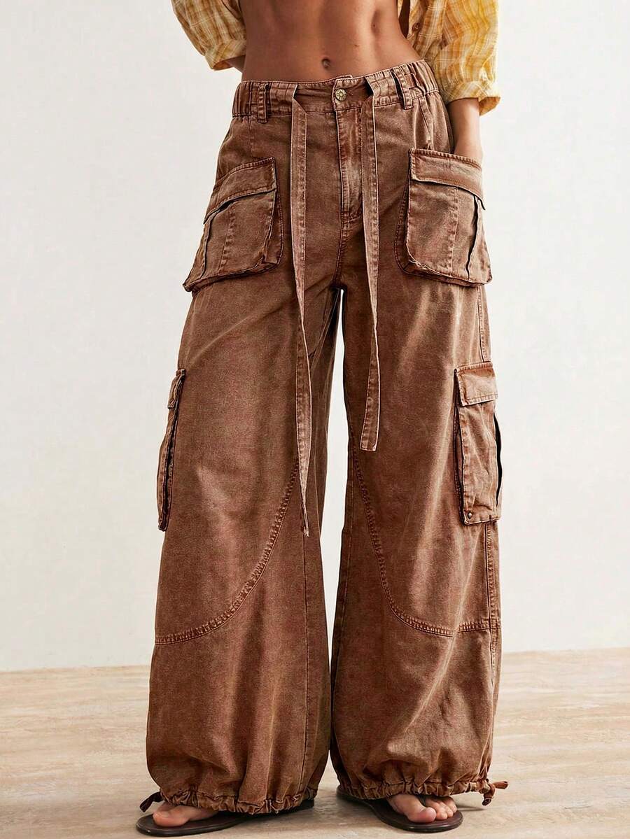Bohemela Women's Casual Solid Color Woven Loose Drawstring Waist Low-Rise Wide Leg Pants - Brown - View 1