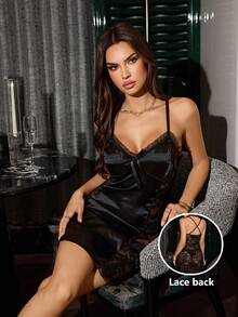 SHEIN 女士仿丝蕾丝透视露背性感吊带裙 - 黑色 - 查看 3