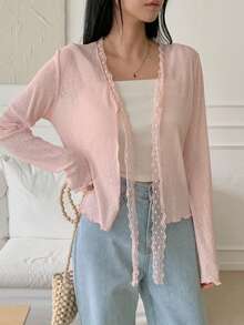 DAZY 女士蕾丝边蝴蝶结薄款T恤 - 粉色 - 查看 3