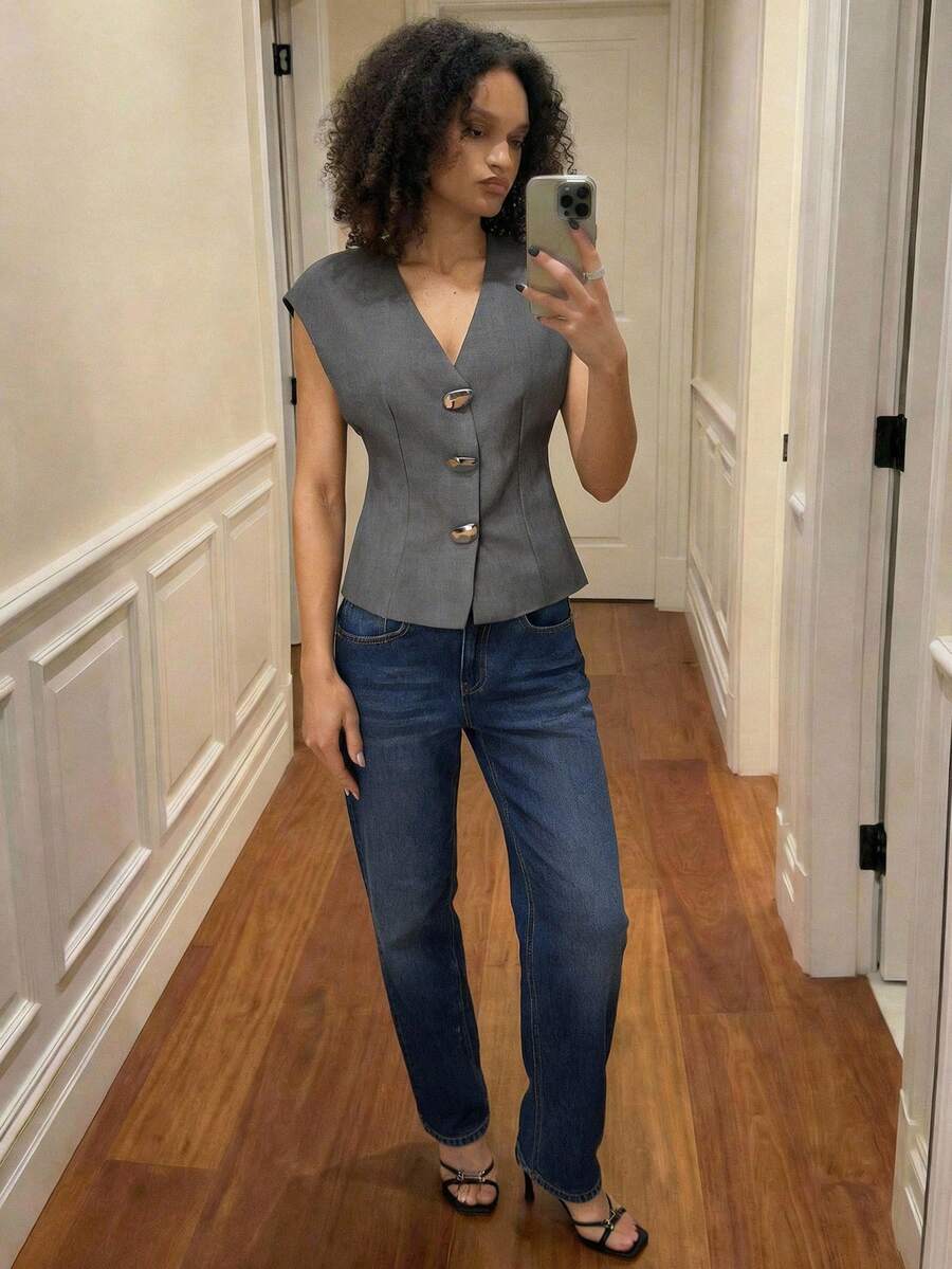 Maija 女士休闲通勤宽肩薄款西装外套 - 灰色 - 查看 1