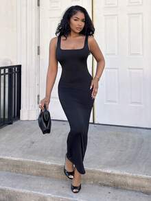 Alexandranx 纯色圆领背心裙，女士夏季连衣裙 - 黑色 - 查看 1