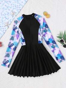 Áo tắm liền thân chống nắng cho bé gái tuổi teen, họa tiết cây nhiệt đới ghép mảnh, thiết kế khóa kéo, thích hợp cho kỳ nghỉ biển. - Màu tím hoa cà - Xem 3