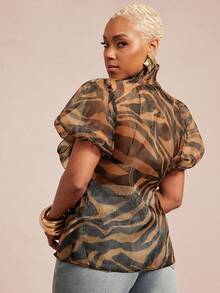 Vixey Animal Print Sheer Organza Puff Short Sleeve Bow Top - Multicolor - View 3