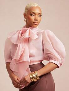 Vixey Sheer Organza Exaggerated Bow Petal Sleeve Top - Hot Pink - View 4