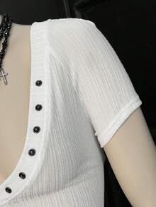 EgrlEra 女士时尚白色深V领镂空边饰短袖T恤 - 白色 - 查看 5