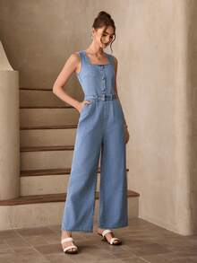 Selenza Women's Casual Everyday Wear & Date Outfit Denim Jumpsuit With Pockets - Blue - View 5