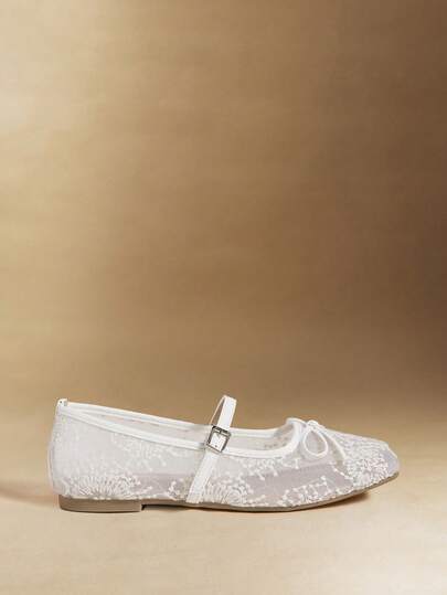 Rosivie Women's Elegant Commuter Embroidered Mesh Bow Decor Flat Shoes