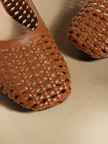 Rosivie Minimalist Modern Woven Mules, Square Toe Chunky Heel Mary Jane Slip-On, Niche Design Woven Mary Jane Slides, Square Toe Chunky Heel Single Strap Mules - Brown - View 3