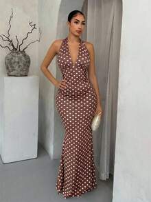 SHEIN SXY 女士深V领波点优雅吊带鱼尾连衣裙 波点泳衣 波点连衣裙 波点连衣裙 波点连体裤 棕色波点连衣裙 女士夏季连衣裙 女士波点连衣裙 女装连衣裙 女士波点连衣裙 波点连衣裙 - 棕色 - 查看 5