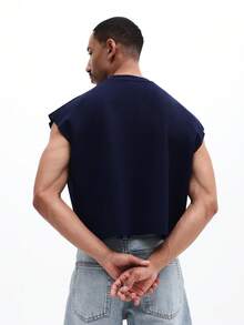 SUMWON Men Navy Sleeveless Tank Top With Script Logo Embroidered Design Crew Neck Regular Fit Summer Casual Wear - Navy Blue - View 2
