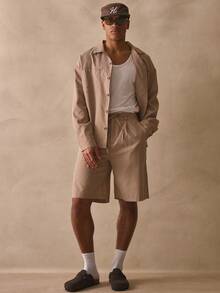 Musero 长款格纹短裤，纽扣和蕾丝搭扣细节，带腰带环，春夏必备单品 - 卡其色 - 查看 1