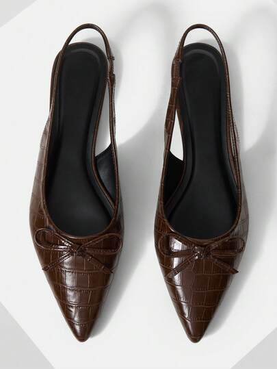 Mnmlis Women's Brown Faux Crocodile Embossed Bow Decor Pointed Toe Flats, Suitable For Work Commute, Office, Festivals And Casual Gatherings