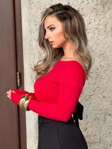 Jeta Ari 黑色上衣；女式性感撞色系带露背修身T恤；女式圆领长袖纯黑色修身蝴蝶结上衣，适合约会，年轻性感，日常外出，秋季服装，日常约会旅行装；日常外出办公装 - 紅色 - 查看 4