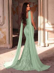 Glamrae Elegant Luxurious Stretchy Lace Ruched Sexy Bandeau Mermaid Dress With Detachable Sequin Skirt, Suitable For Weddings, Parties, Vacations, Galas, Honeymoons, Bridal - Green - View 2