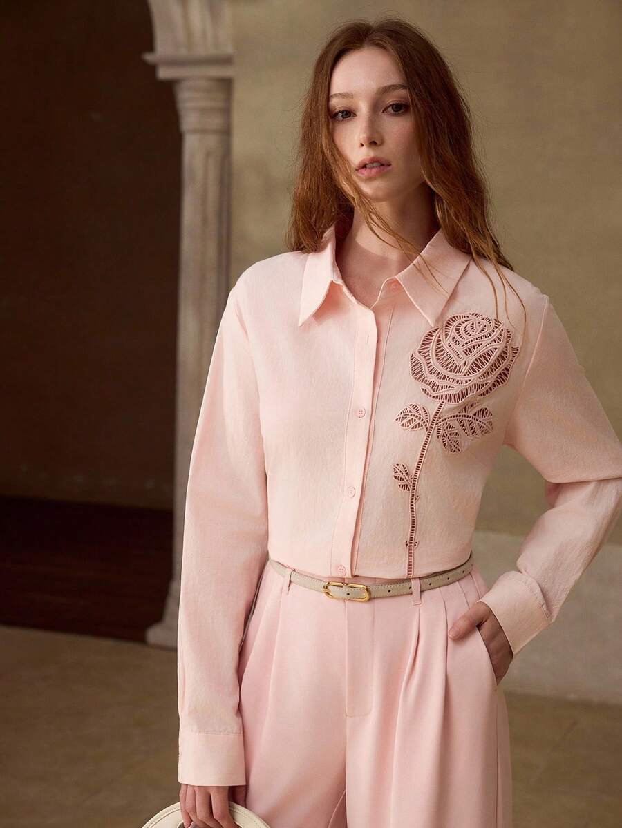 MOTF PREMIUM WOMEN'S ROMANTIC ROSE EMBROIDERED COTTON SHIRT - Pink - View 1