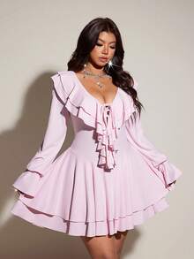 Viva Relle Deep V-Neck Ruffle Trim Long Sleeve Mini Party Dress - Pink - View 4