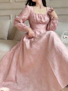 DAZY 春夏粉色碎花连衣裙，优雅修身A字连衣裙，泡泡袖设计，适合婚礼、派对、正式场合穿着。 - 粉色 - 查看 1