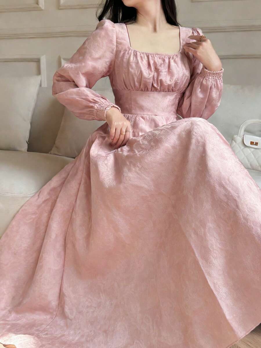 DAZY 春夏粉色碎花连衣裙，优雅修身A字连衣裙，泡泡袖设计，适合婚礼、派对、正式场合穿着。 - 粉色 - 查看 1