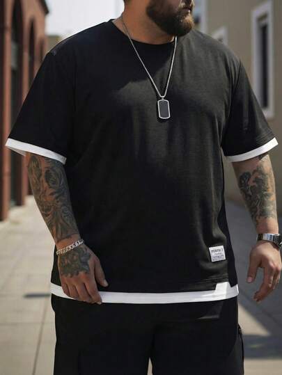 ResortEase 男士大碼字母貼布拼接邊T恤無項鏈