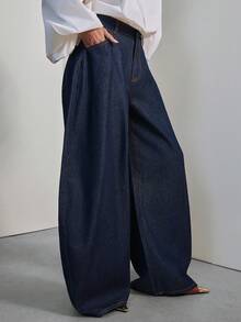 Hauture 女士低腰宽松筒状牛仔裤，性感职业装 - 深色水洗藍 - 查看 5