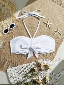 Swim Mod Plus Size Solid Color Halter Ruched Shell Trim Bikini Top, Ribbed Fabric With Drawstring, Halter Strap, Shell Decor, Vacation Beach Swimwear - White - View 2