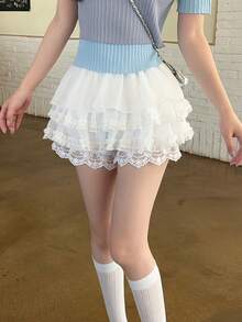 DAZY Jupe d'été coréenne fraîche et girly avec volants et imprimé floral - Blanc - Voir 4