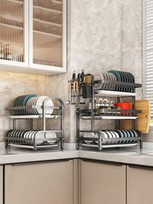 1 chiếc kệ đựng đồ nhà bếp 3 tầng lớn với chức năng thoát nước nhanh, giá đựng dao nĩa, giá để thớt, giá đựng dụng cụ nhà bếp đa năng khô ráo cho bát, đĩa và nhiều vật dụng khác, giá đựng dụng cụ | Kệ kim loại kiểu dáng đẹp | Đồ dùng nhà bếp, dụng cụ sắp xếp và lưu trữ nhà bếp - màu đen - Xem 5