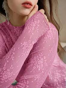 Anewsta 性感薄纱蕾丝长袖衬衫 - 玫紅色 - 查看 6