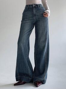 DAZY Quần jeans ống rộng dáng retro, chất liệu denim mài, thích hợp cho nữ, phong cách mùa hè. - Màu xanh lam - Xem 6