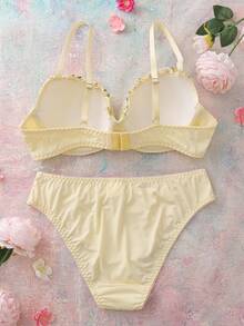Satin Embroidered Lingerie Set, 3D Beaded Ruffle Trim Underwire Bra And Panty - Yellow - View 2