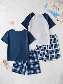 Boys' Casual Navy Blue & Gray Plaid Pattern Teddy Bear Print Short Sleeve Pajama Set - Royal Blue - View 2