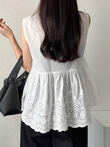 FRIFUL Blusa sin mangas con volantes y lazo bordado para mujer - Blanco - Ver 2