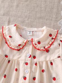 2件套 女童优雅草莓图案纹理翻领荷叶边短袖上衣和裤子睡衣套装 - 杏色 - 查看 5