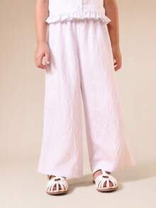 SUMWON 女童条纹荷叶边袖纽扣套装 夏季休闲背心阔腿裤两件套 - 淡紫色 - 查看 4