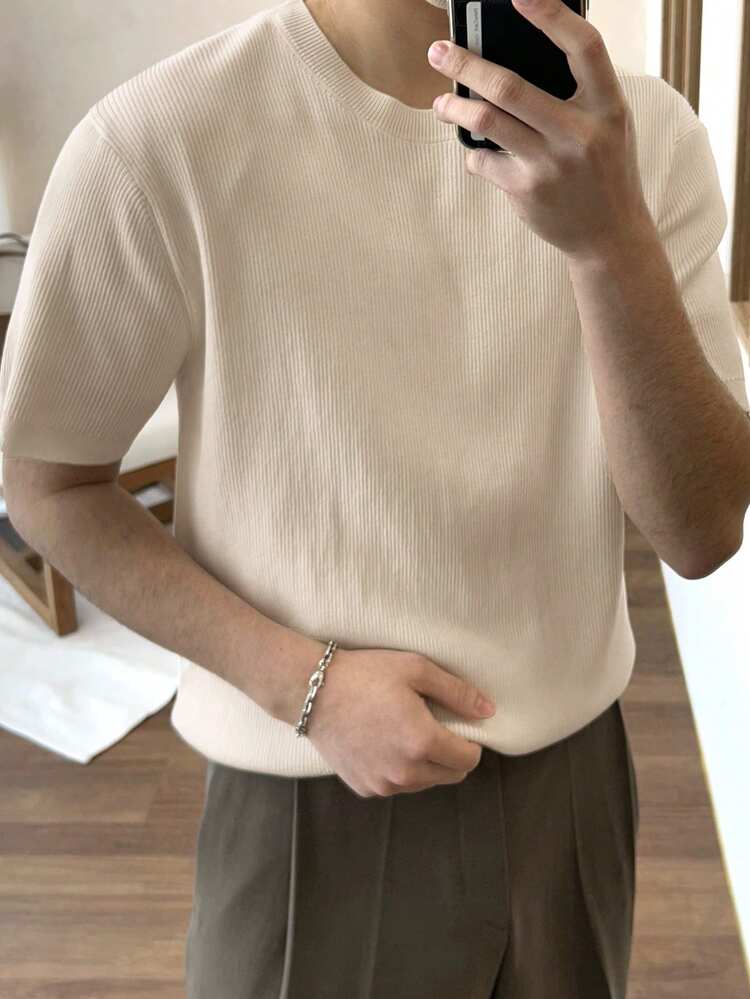 Men's Solid Apricot Crew Neck Short Sleeve Knit Top, Summer