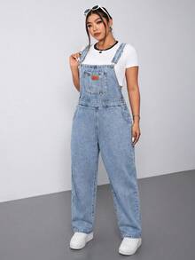 SHEIN ICON Plus Size Casual Versatile Washed Denim Bib Overalls - Light Wash - View 3
