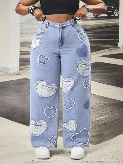 Slaydiva Джинси великого розміру з високою талією вільного крою та вишивкою з сердечками