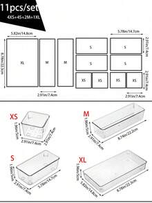 11-Piece Tray Set, Dresser Drawer Transparent Storage Box Set, 4 Sizes Of Trays, Multi-Purpose, Used For Cosmetics, Pens, Gadgets, Very Suitable For Bathrooms, Dressing Tables, Office Drawers.,For Holiday Beach, Bathroom Collection, Bedroom Collection, Large Capacity - Clear - View 4