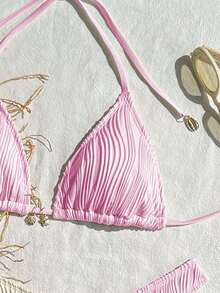 Swim Mod 3pcs Beach Outfits For Women, Solid Color Textured Fabric Halter Sexy Retro Bikini Set - Baby Pink - View 3