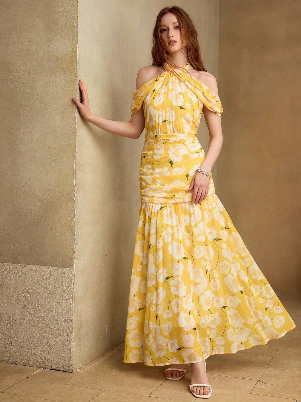 yellow floral ruched dress Altar'd State | Zari Floral Ruched Maxi Dress | BLUE-YELLOW | Material: Self: 90% Polyester, 10% Spandex, Lining: 100% Polyester