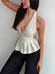 Aloruh Women's Apricot Casual Business Loose Waist Pleated Collar Halter Neck Top, Summer , Everyday Casual Commuting Top , Music Festival, Vacation Wear - Apricot - View 6