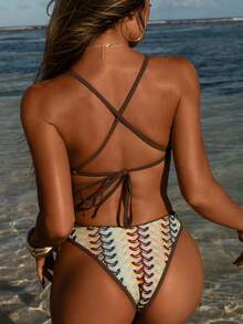 Swim SXY 2pcs Special Fabric Scoop Neck Criss-Cross Back Triangle Bikini Swimwear Set, Fashionable & Sexy - Multicolor - View 2