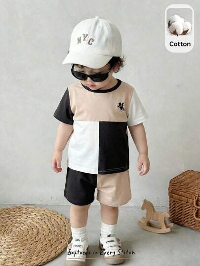 Cozy Pixies Conjunto de 2 piezas de top de manga corta de cuello redondo y pantalones cortos de cintura elástica con estampado de caballo de dibujos animados para bebé niño