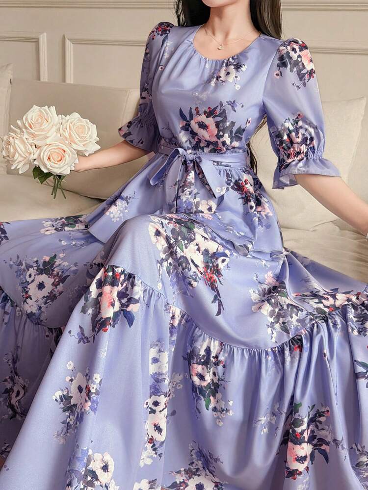 Women's Purple V-Neck Cinched Waist Dress With All-Over Print, Elegant Design Sundress Boho