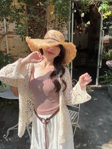 DAZY Áo khoác cardigan mỏng tay dài kiểu Hàn Quốc dành cho nữ, chất liệu lưới, thích hợp cho kỳ nghỉ. - Màu be - Xem 10