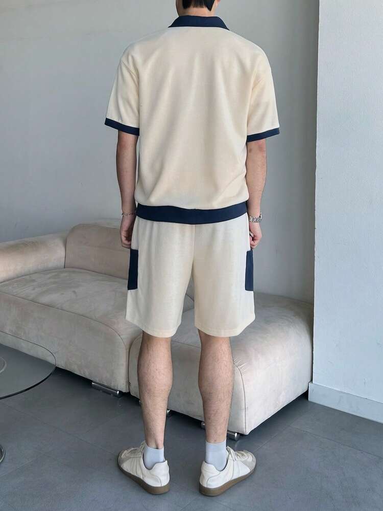 Men's Patchwork Contrast Collar & Hem Short Sleeve T-Shirt And Shorts Set, Summer