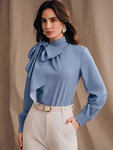 Anewsta 女士高领长袖系带袖口优雅时尚衬衫，适合春季、外出、正式场合、休闲场合、婚礼季、毕业典礼等。 - 藍色 - 查看 4
