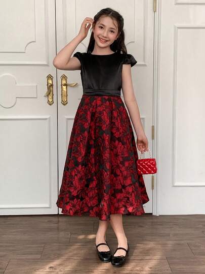 DAZY Tween Girls' Elegant Party Jacquard Patchwork Dress, Summer